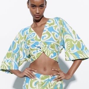 Zara NWT linen blend print top with knot